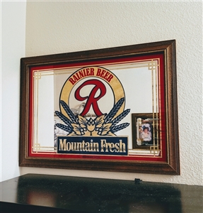 Vintage Rainier Beer Mountain Fresh framed mirror advertising the classic red R logo for bar wall decor