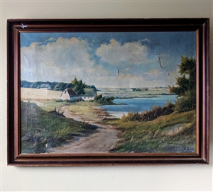 original large oil on canvas landscape painting by danish artist e birk in mid century wooden frame for professional restoration