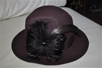 Vintage brown felt fedora hat with black and iridescent feather accent