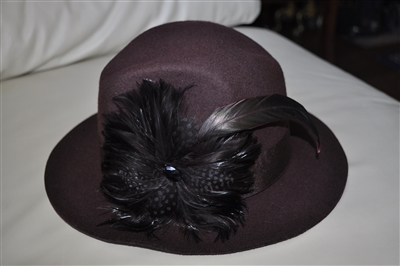 Vintage brown felt fedora hat with black and iridescent feather accent