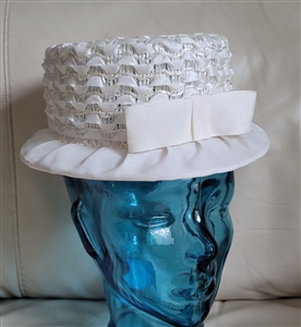 Vintage white raffia hat with woven ribbon bow and fabric rim