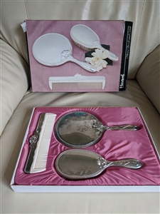 Vintage Marquel silver plated vanity set mirror brush comb original pink box